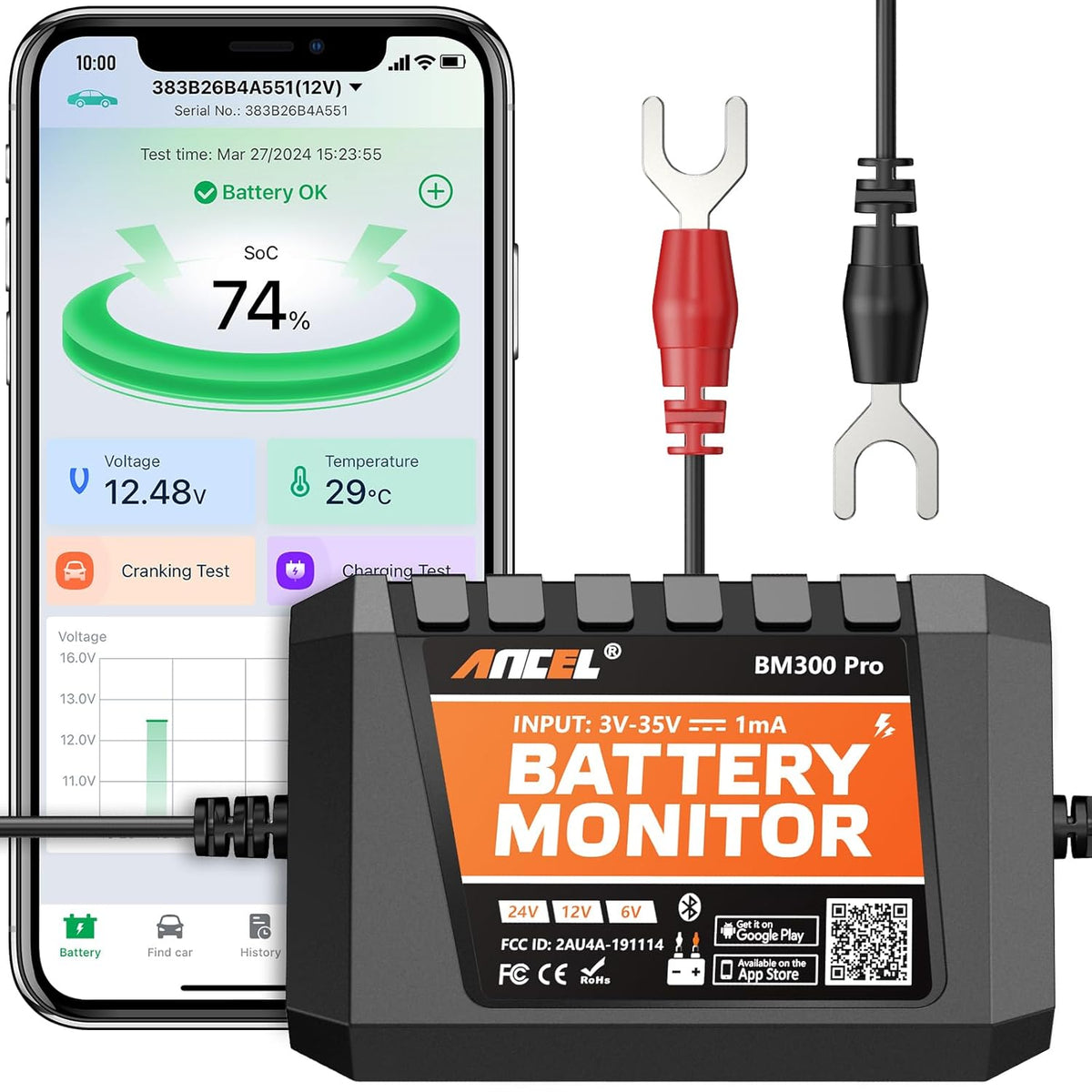 (Upgraded BM300) ANCEL BM300 Pro 6V 12V 24V Battery Monitor - Bluetooth 5.3 Battery Monitor with Charging, Cranking System Test & Alarm - IP67 Waterproof Voltmeter for Trucks, Cars, Motorcycles, Boats