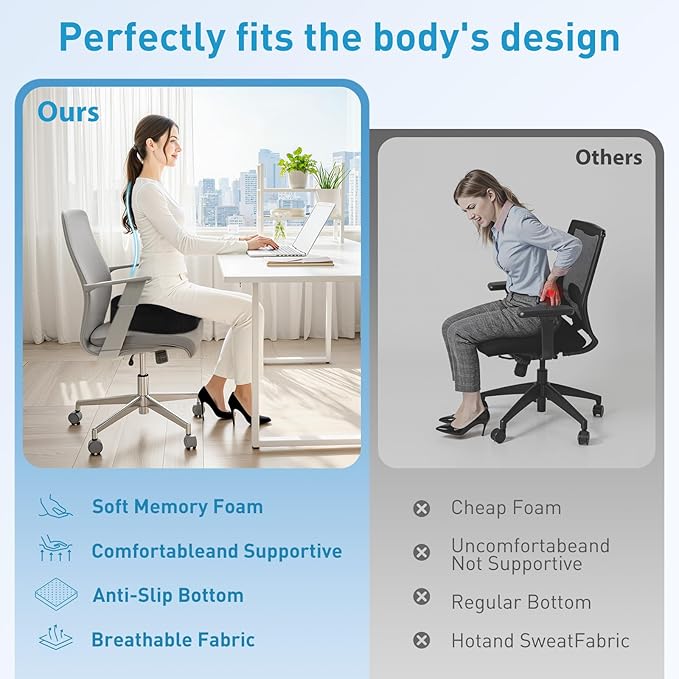 BlissTrends Seat Cushion,5.2in Thick Memory Foam Cushions for Office Chair, Car Seat, Airplane, Relieving Pressure Tailbone Sciatica Back Pain for Long Sitting Office Workers, Car Drivers Black