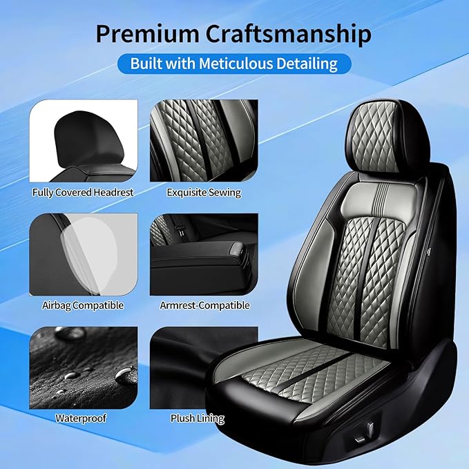 Fit HR-V Car Seat Covers for Honda HRV 2016-2025 2026 LX/EX/EXL/Sport - Full Coverage Leather, Airbag Compatible, Breathable Waterproof All Weather Seat Protector, Front Pair Black+Gray
