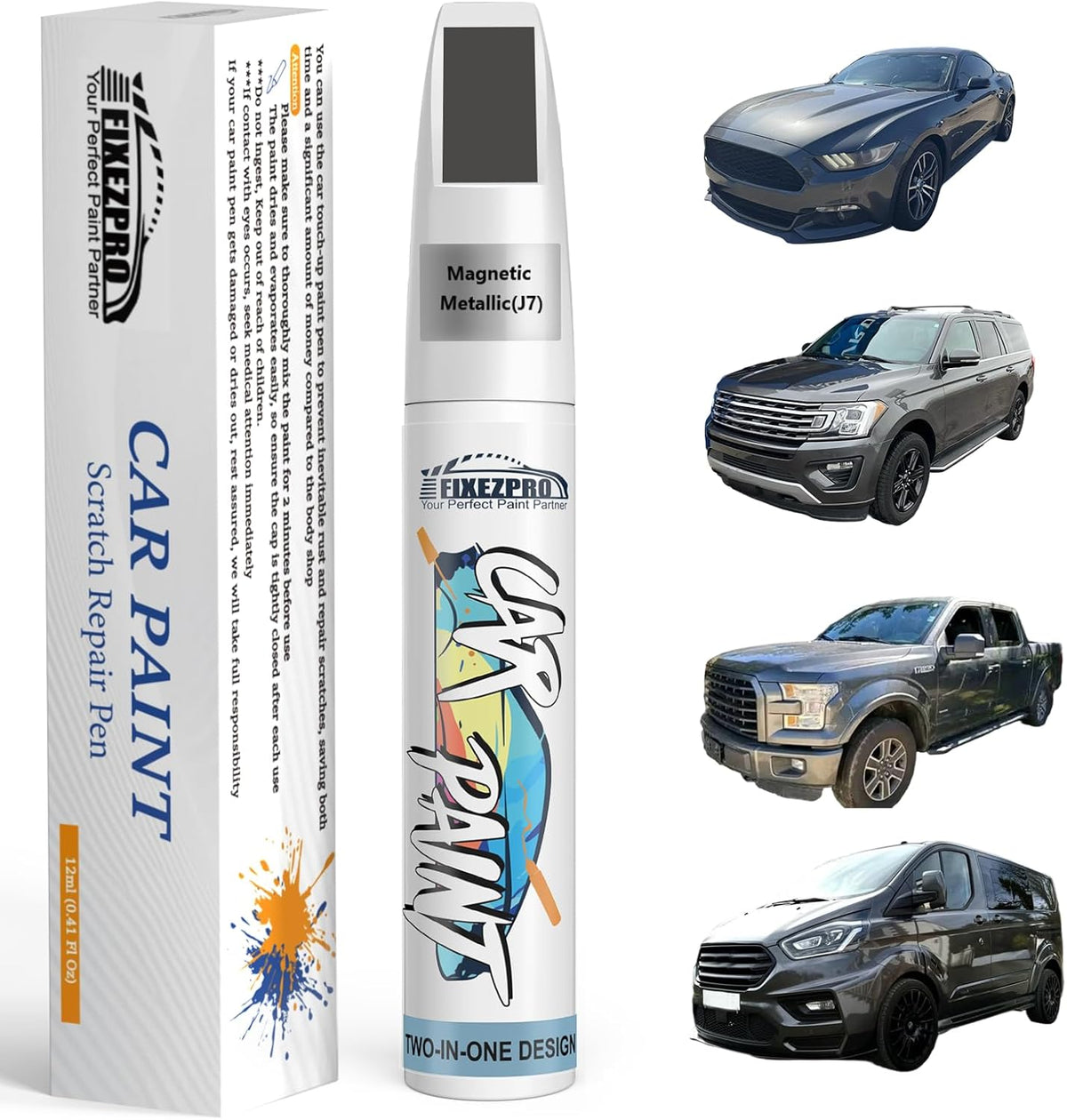Magnetic Metallic(J7) Touch Up Paint for Ford, Car Paint Scratch Repair Remover Pen Color Exact Match, Quick and Easy Fix Automotive Chips and Nicks Scuff