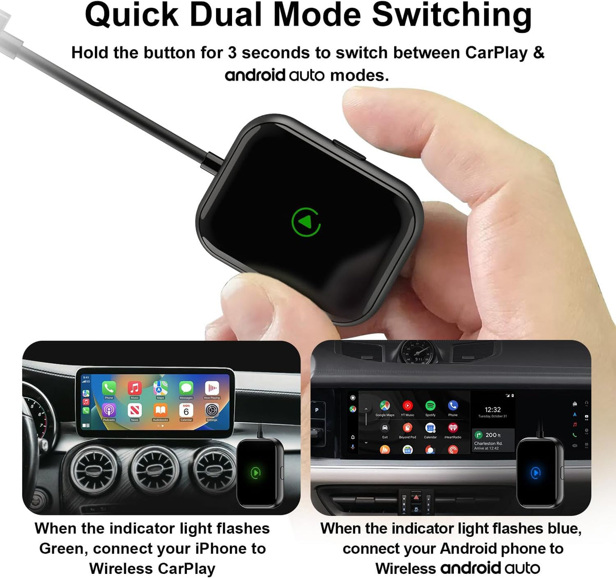 Wireless CarPlay & Android Auto Adapter – 2-in-1 Plug & Play Solution, Converts Wired Systems to Wireless, Compatible with iPhone & Android