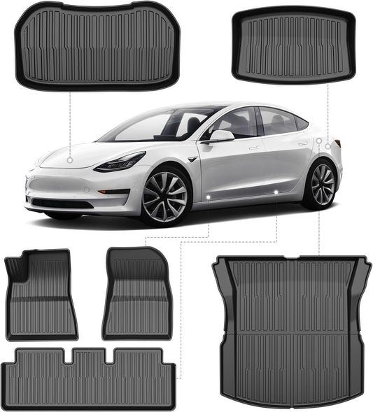 Powerty Floor Mats & Cargo Liner for 2024 2025 Tesla Model 3 Highland Accessories Cargo Mat& Front Storage Mat& Rear Storage Mat All Weather TPE 3D Floor Liners 2 Row Liner Set(6 PCS)