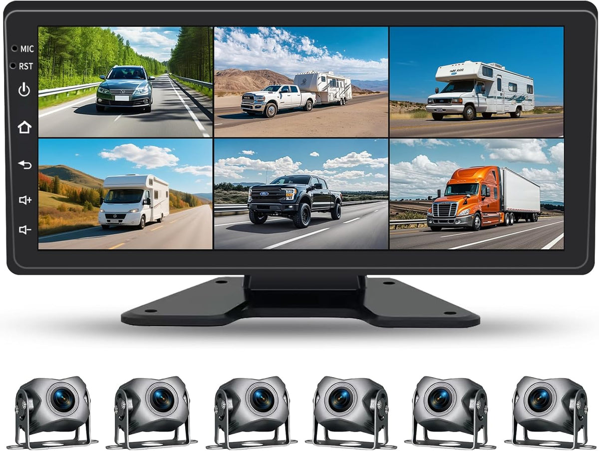 6 Channel Backup Camera System,1080P Rearview Camera with Carplay & Android Auto,GPS Navigation, Touchable 11 inch Monitor & Loop Recording DVR car Stereo, for RV/Truck/Trailer Pickup,128GB Card