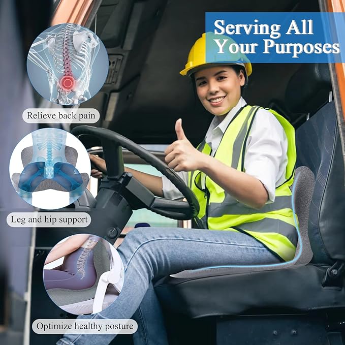 Ergonomic Seat Cushion with Adjustable Strap, Memory Foam Office Chair Seat Cushion with L-Shaped Design, Car Seat Cushion Fits for Truck Driver Semi Truck, Gaming Chair, Desk, Light Gray