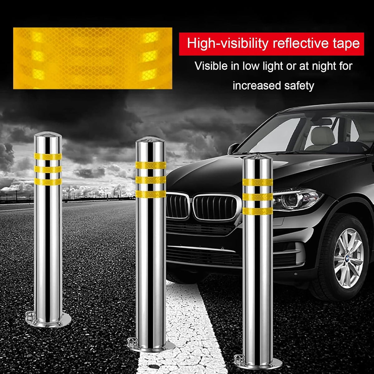 Stainless Steel Parking Bollards for Driveway, Industrial Safety Bollards Reflective Channelizer Post, Parking Barrier, Sturdy and Durable, Easy to Install, for Crowd Control(Silver (1pcs),7.6*100cm/3