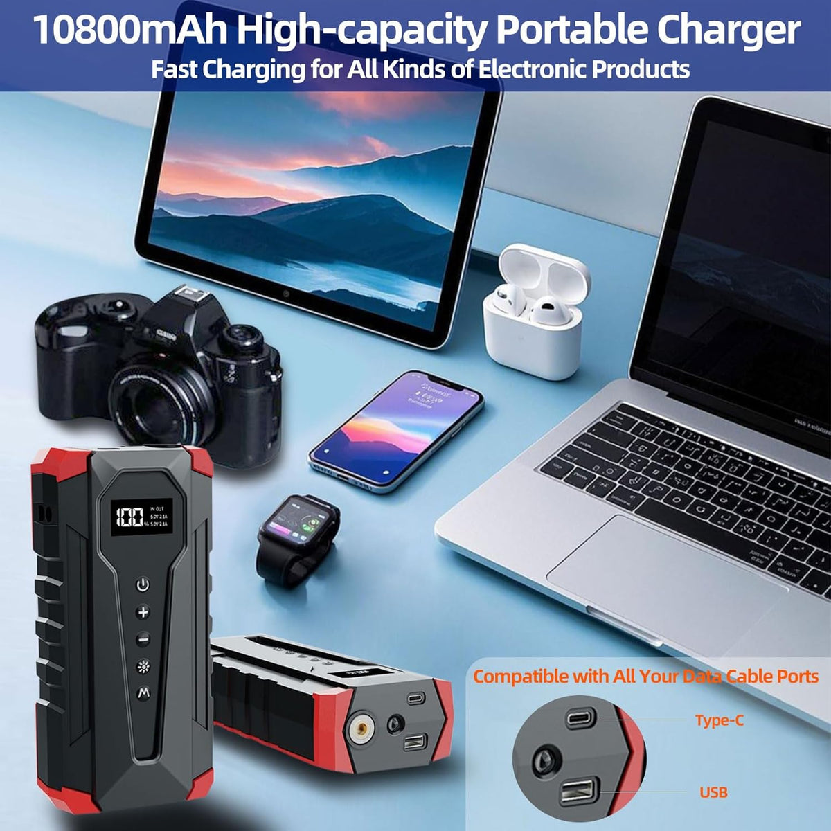 10800mAh Car Jump Starter with Air Compressor and USB/Type-C Charger, UL-Certified Portable Power Station for Cars