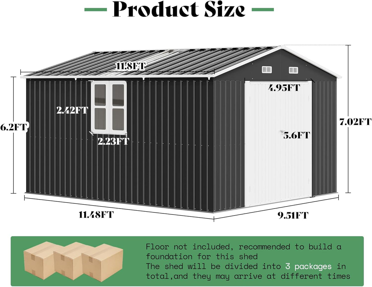 AMERLIFE 10x12x7 FT Galvanized Steel Storage Shed with Dual Transparent Panels, 2 4-Pane Windows & Hinged Double Doors, Outdoor Shed for Backyard, Garden, Patio, Dark Grey/White