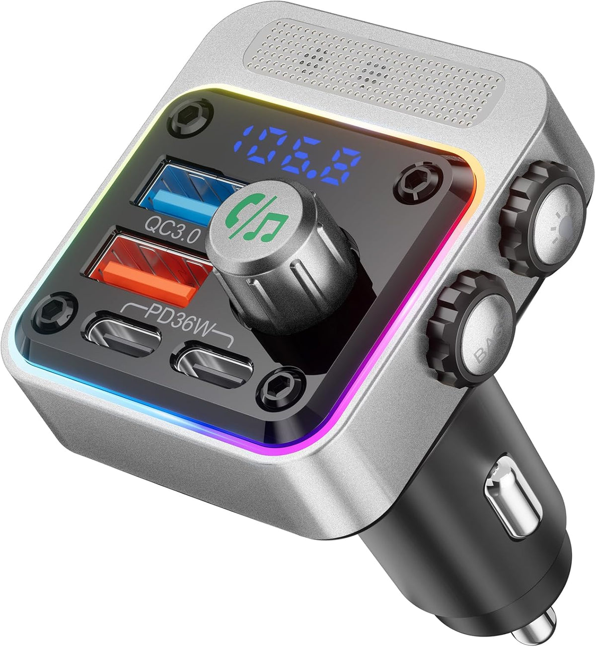 Nulaxy 54W Bluetooth 5.3 Car Adapter with 4 Charging Ports [PD 36W & QC3.0 18W], Wireless Radio FM Transmitter with Deep Bass Player & 5 Colors LED Backlit, Hands-Free Calling - Silver
