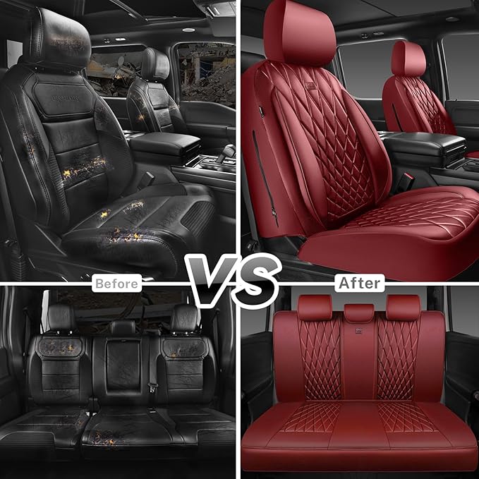 CAR PASS Piping Luxury Faux Leather Seat Covers Full Set, Premium Delux Anti-Slip Waterproof Automotive Seat Cover Universal Fit for Sedans Suvs Vans Trucks, Armrest & Airbag Compatible, Burgundy Red