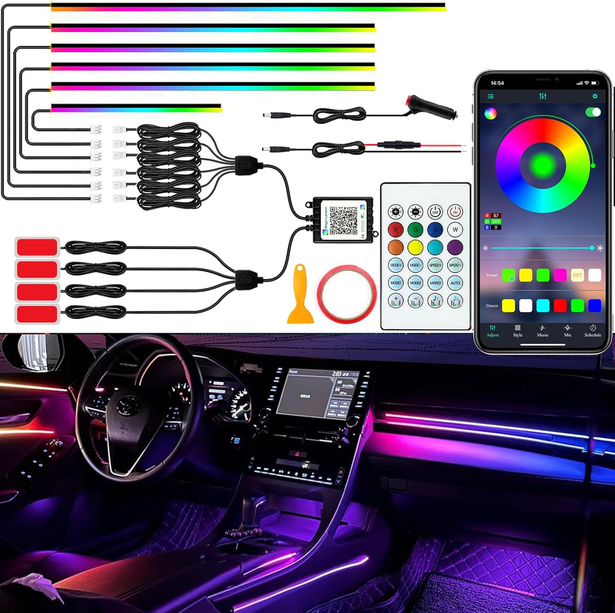 Interior Car LED Lights, RGB Dream Color Acrylic LED Lights for Car, Ambient Lighting Kits with Wireless APP and RF Remote Control, Music Sync Dynamic Chasing (10 in 1)