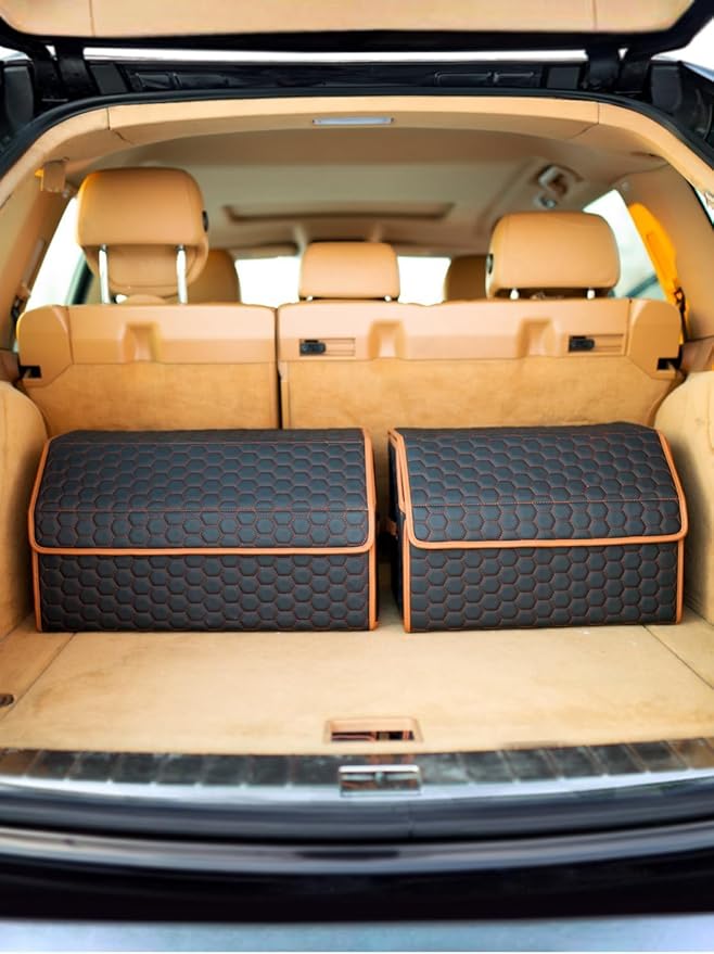 Owleys Rear Cargo Organizer For SUV | Set Of 17.7" & 21.6" Eco-Leather Crates | Foldable Car Storage With Magnetic Lids | Durable Car Trash Bin & Tote | Stylish Gifts For Boyfriend | Black-Brown