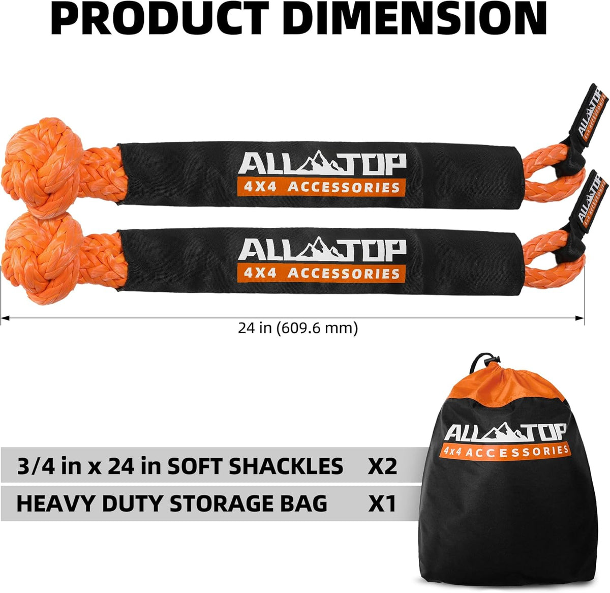 ALL-TOP Synthetic Soft Shackle Rope 3/4in x 24in (66200Lbs Max Break) UHMWPE Recovery Tow Shackles for Offroad 4x4 Vehicles, 2 PCS