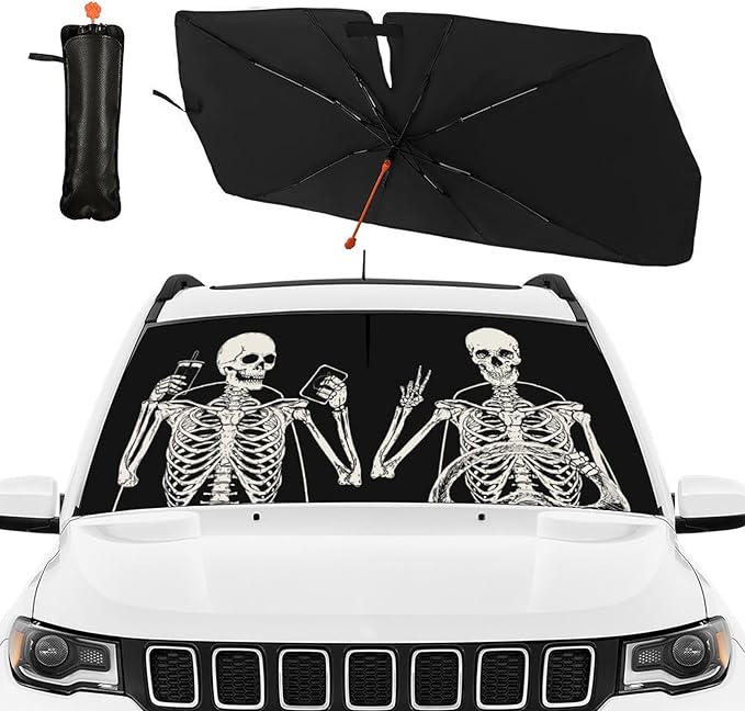 Funny Skeleton Driving Car Windshield Sunshade Umbrella Skull Sun Shade for Car Windshield Umbrella Upgraded Sunshades Blocks UV & Heat Front Window Shades for SUV Sedan Auto