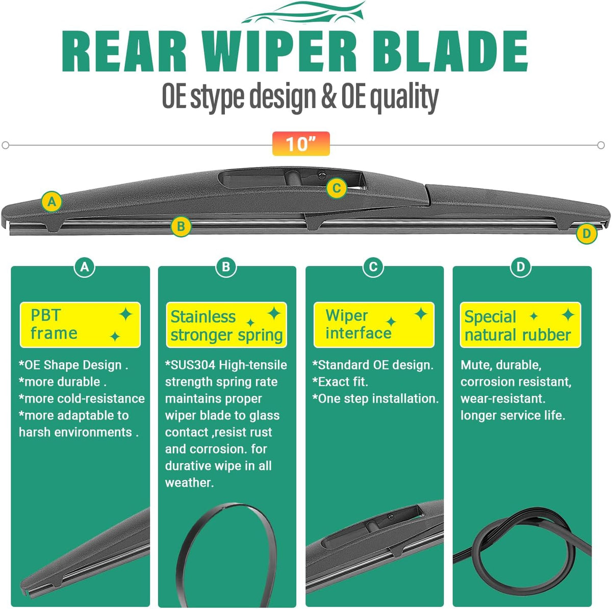 26" 16" 10" Windshield Wiper Blades Replacement for Nissan LEAF 2011 2012 2013 2014 2015 2016 2017 Premium All Weather Front Rear Wipers Set - OEM Quality (Pack of 3)