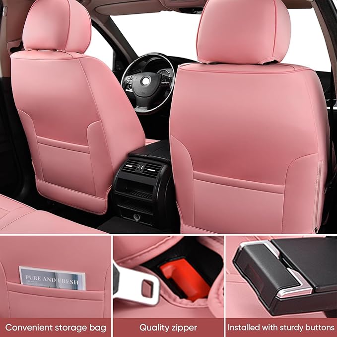 Auto Car Seat Covers Accessories Full Set Leather Cushion Protector Universal Fit 7 Colors (Pink, Front Pair and Rear)