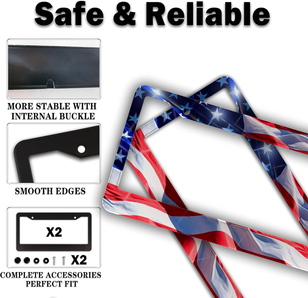 License Plate Frames for Men Multicolor Car Plate Frame for Women American Flag Aluminum Metal Car Accessory 2 Pack with Screw Covers Set