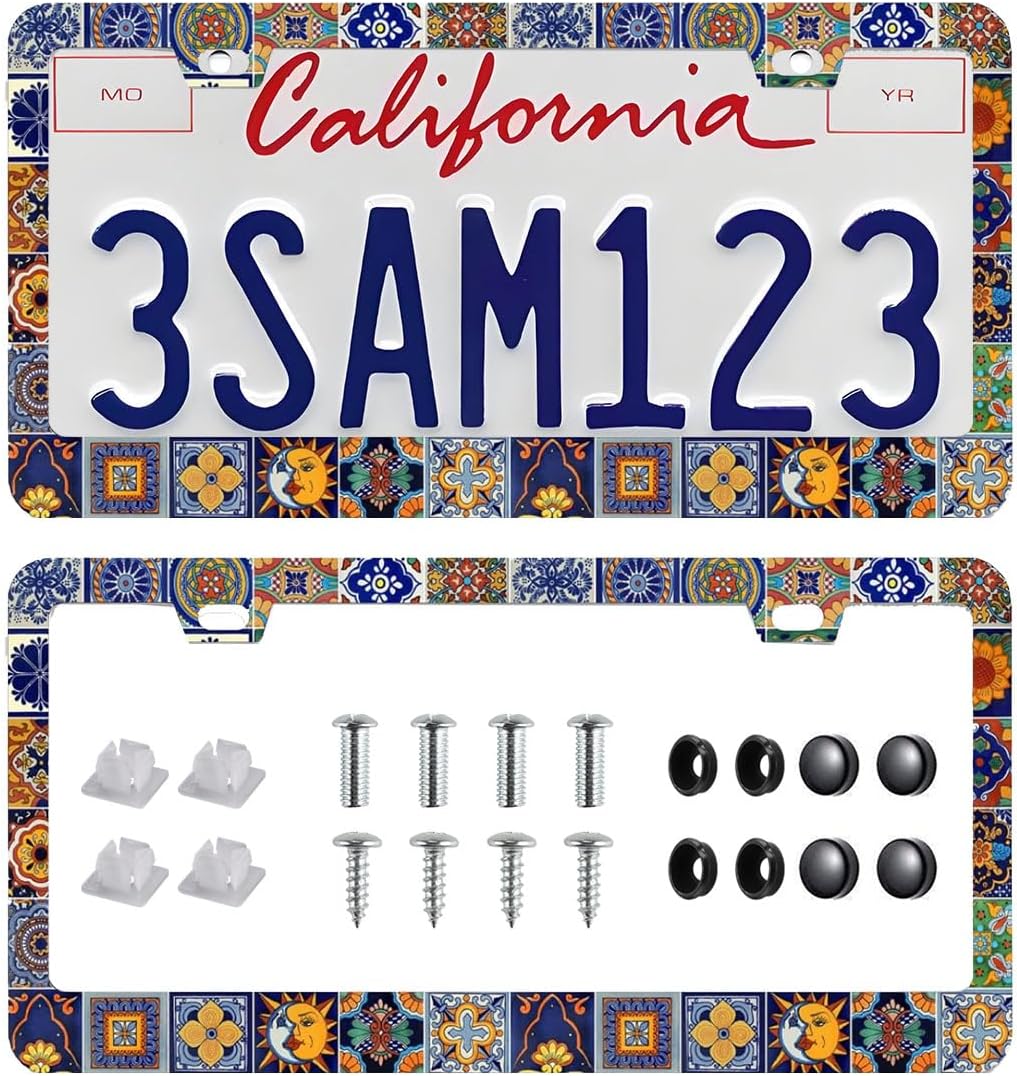 2Pack Mexican Tiles License Plate Frames Mandala Boho License Plate Frame Car Universal Aluminum Accessories Cars Decorative 2 Holes Screws Fits Standard US Vehicles Size 12.2 x 6 Inches