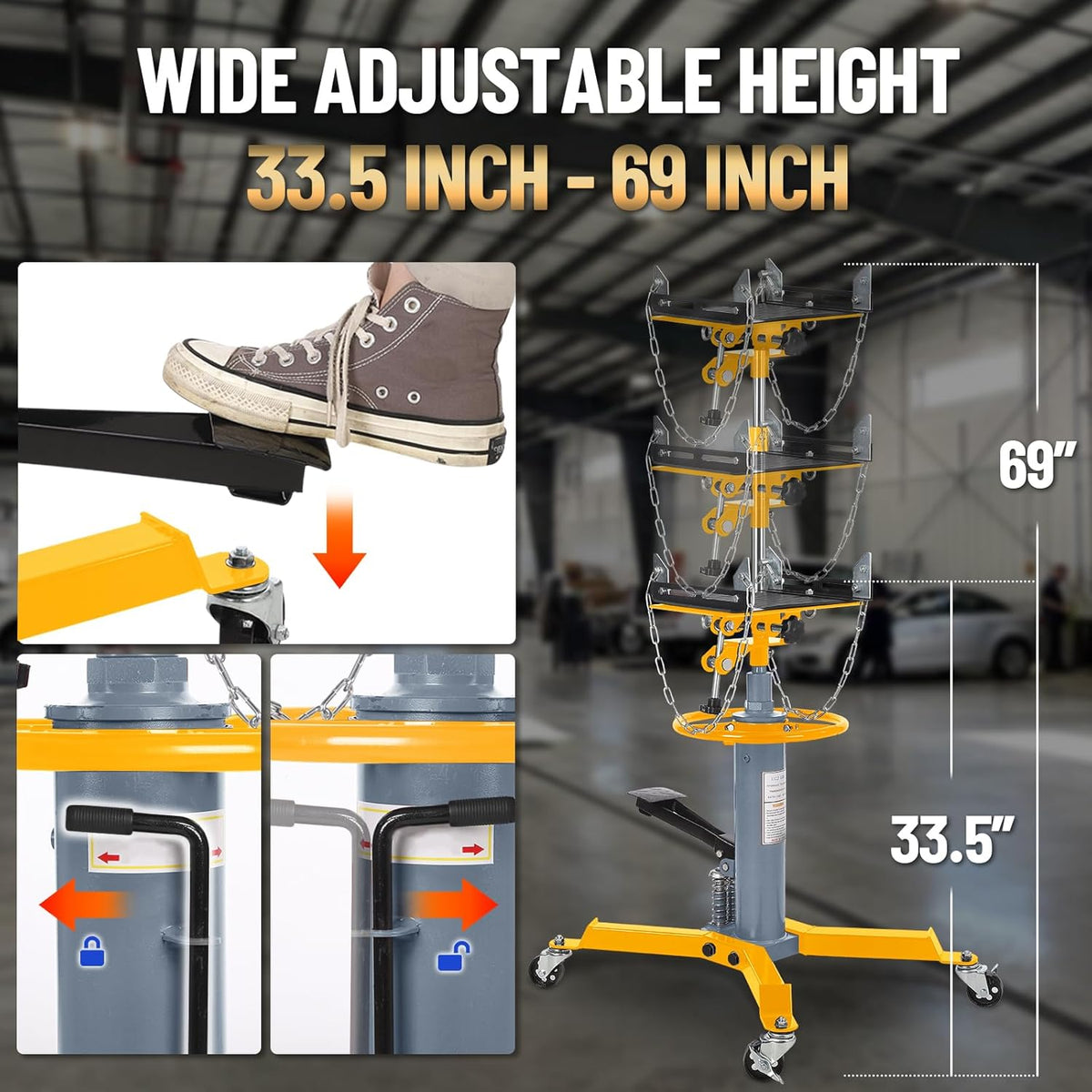 Dual Plunger Hydraulic Transmission Jack 1322lbs Capacity, 33.5"-69" High Lift 2-Stage Hydraulic Telescoping Jack, Trans Jack Stand with Non-Slip Pad, Foot Pedal & Swivel Wheel, Yellow