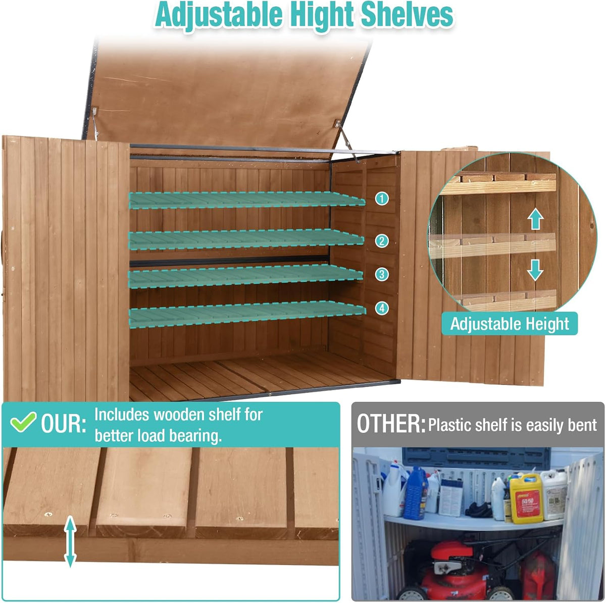 Outdoor Storage Cabinet,Wooden Garden Shed with Metal Frame Structure and Adjustable Shelf,33.3 Cu Ft Horizontal Waterproof Patio Tools Storage Box for Sofa Cushion, Lawn Mower and Garbage Cans