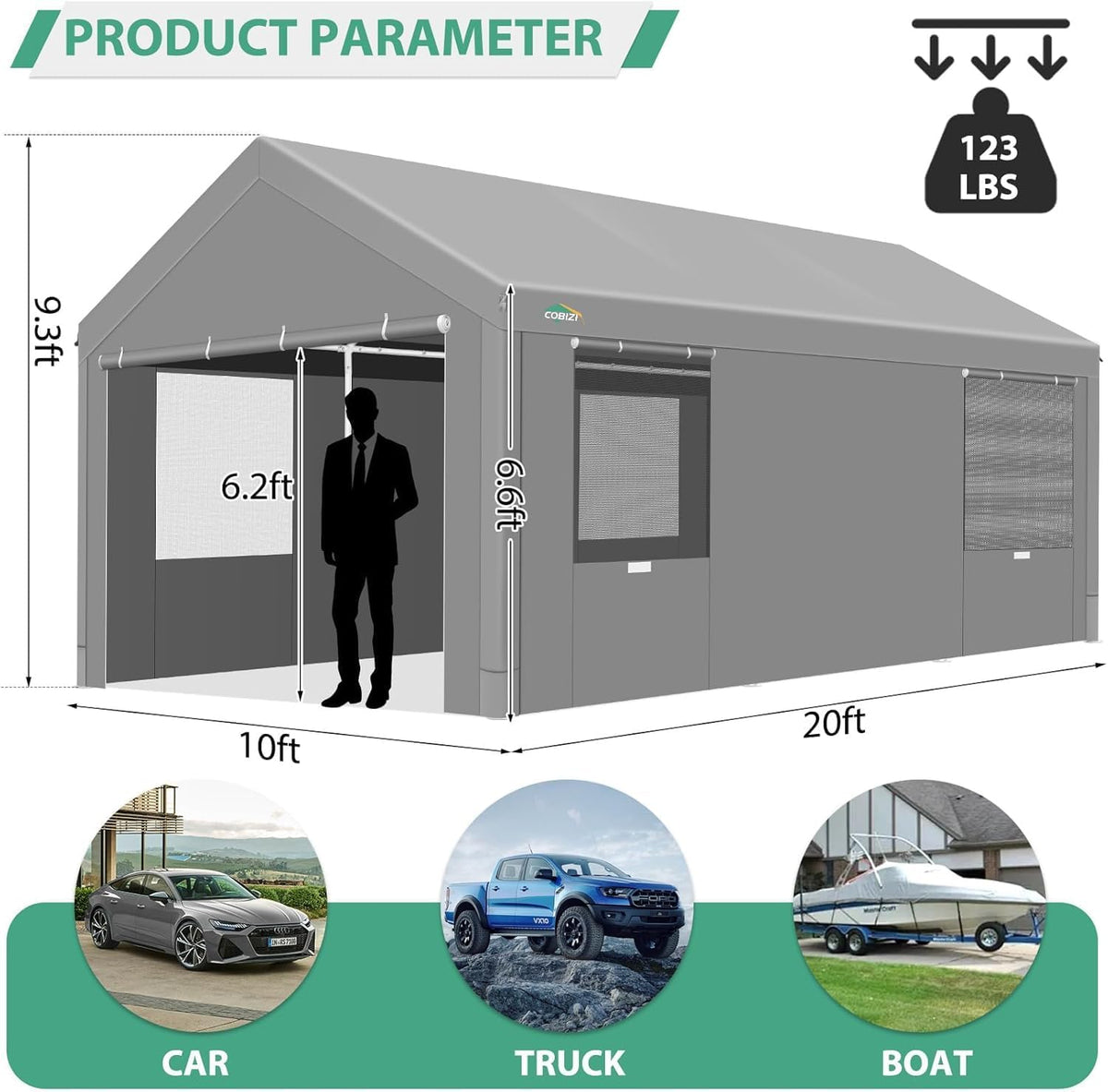 COBIZI Carport 10x20ft Heavy Duty Portable Garage, 2.0 Powder Coated Frame(Better Than Galvanized), Waterproof Shelter with Removable Sidewalls & Windows, Built-in Sandbags, for Car/Boat/SUV, Gray