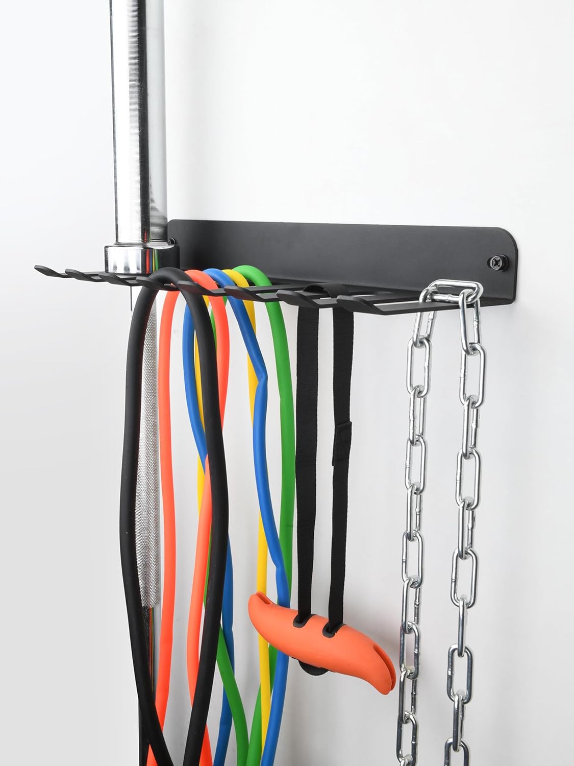 Performance Seven Bars Holder Storage,Custom Powder Coated HEAVY-DUTY STEEL Mount Wall Rack Storage Rack,Weight Room Organizer with 8 Wall Hooks for Exercise Bands Jump Ropes Chains Lifting Belts