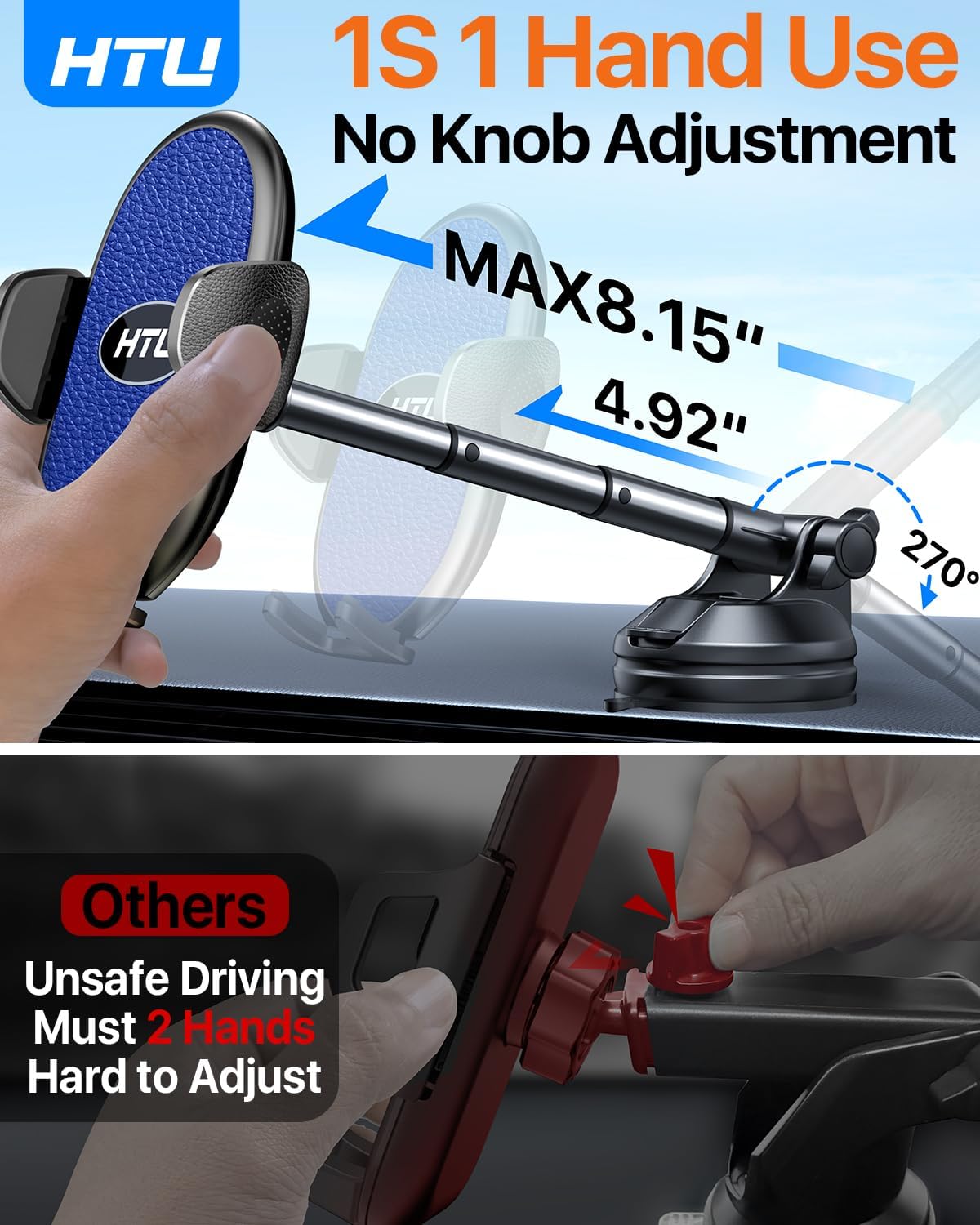 HTU 【Military-Grade Suction】 2025 Cell Phone Holder for Car【Flexible Telescopic Arm】 Car Phone Mount Stand for Dashboard Windshield for iPhone 16 Pro Max 15 14 13 12 Samsung Truck Jeep, Dark Blue