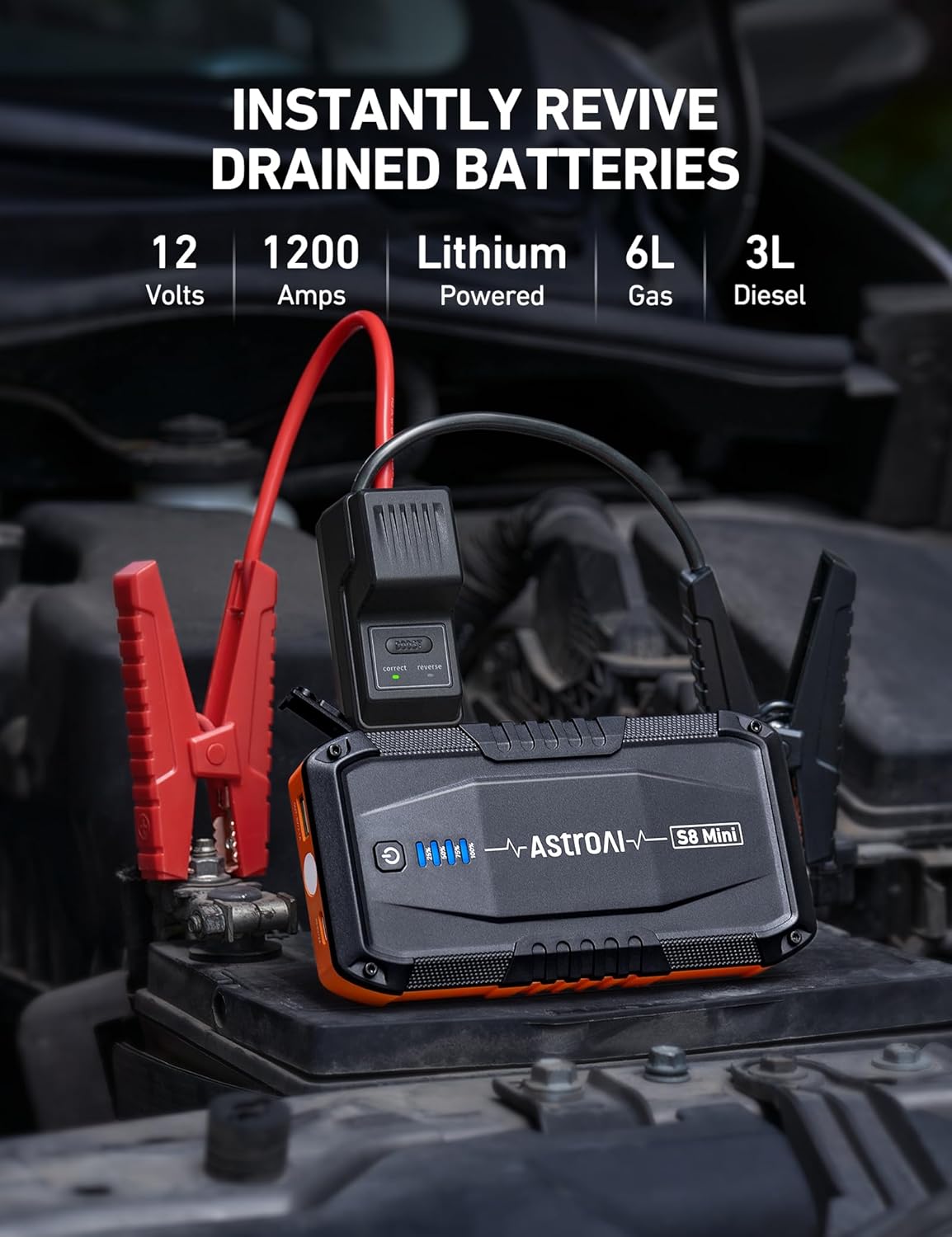 AstroAI S8 Mini Car Battery Jump Starter, 12V Portable Car Starter for Up to 6.0L Gas/3.0L Diesel Engine, Auto Battery Booster Pack, Lithium Jump Box with Jumper Cables & LED Light (Orange)
