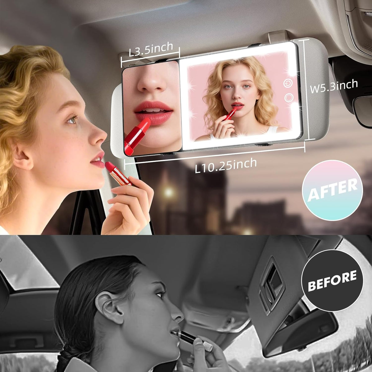 Car Sun Visor Vanity Mirror with Lights & 20X Magnification, Led Light up Makeup Mirror for Sun Visor, Rechargeable 3 Colors Dimming Light, Universal Accessories for Car SUV Truck