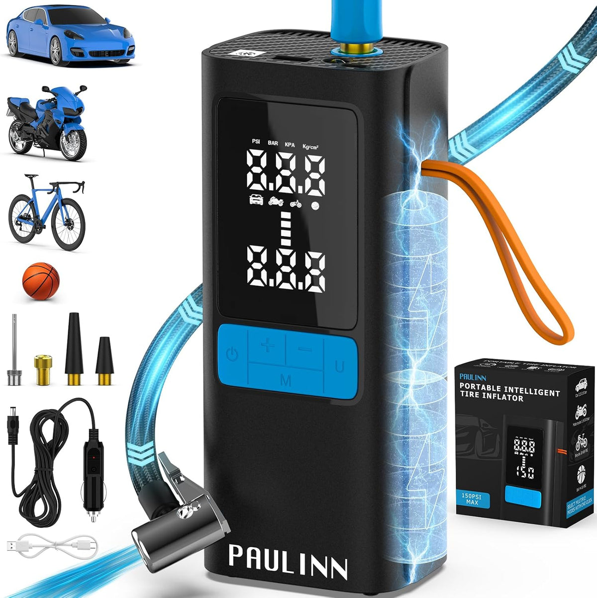 Tire Inflator Portable Air Compressor, 3X Faster 150 PSI 15000mAh Cordless Air Pump for Car with Gauge Dual LCD Display, LED Light & Auto Shut-Off, Portable Tire Inflator for Car/Motor/Bicycle/Ball