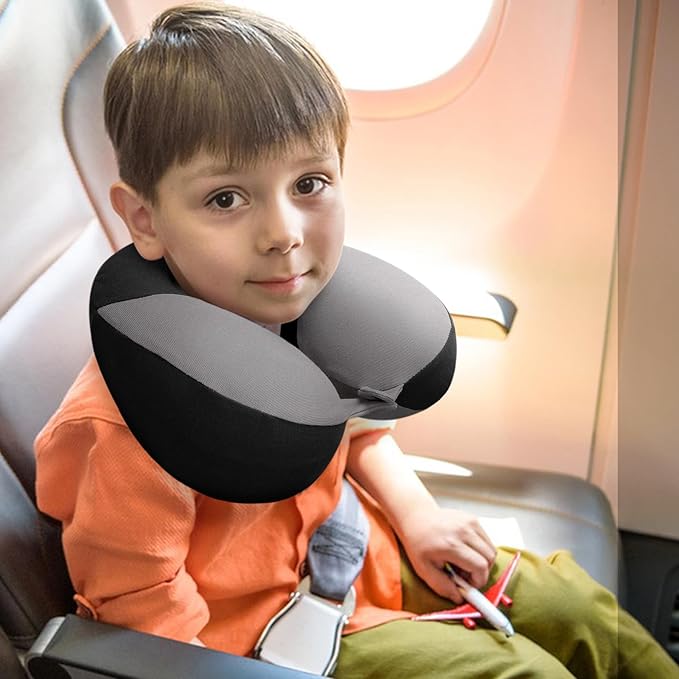 COOLBEBE Kids Travel Neck Pillow, Softly Double Support Travel Pillow for Car & Airplane, Traveling Gifts for Toddler & Children (Black)