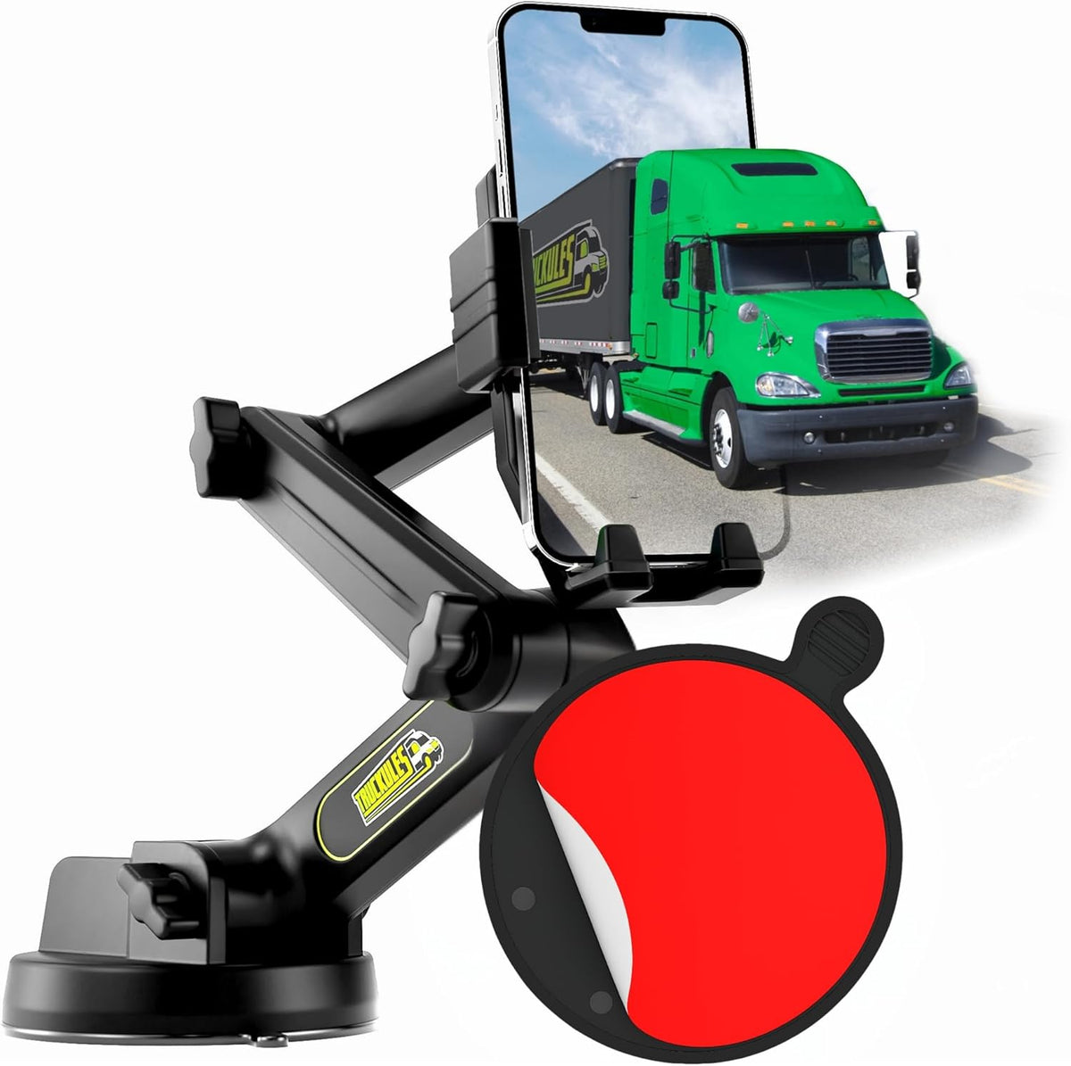 Phone Mount for Truck Phone Holder for Truck - Heavy Duty Suction Cup + Dashboard Pad, Mobile Device Holder for Dashboard Window 16.9 inch Long Arm, iPhone Samsung Compatible, Semi Trucker, Black