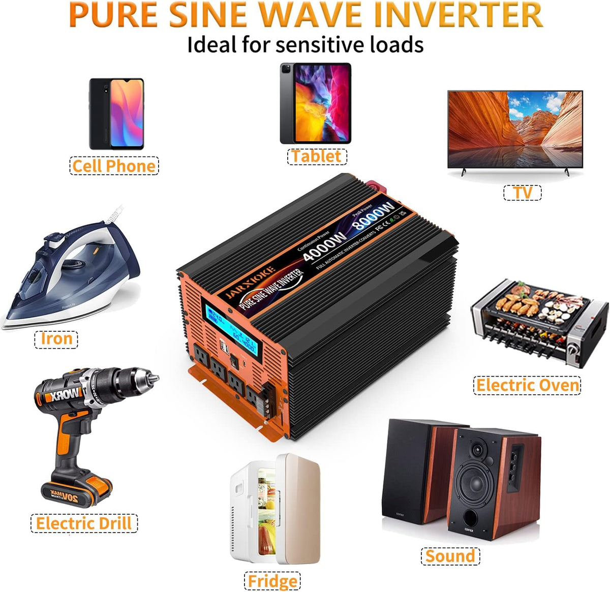 4000 Watt Pure Sine Wave Power Inverter 24V DC to 110V 120V Converter for Family RV Off Grid Solar System Car with Type-C Ports 4 AC Power Outlets Dual USB Ports LCD Display and Remote Control