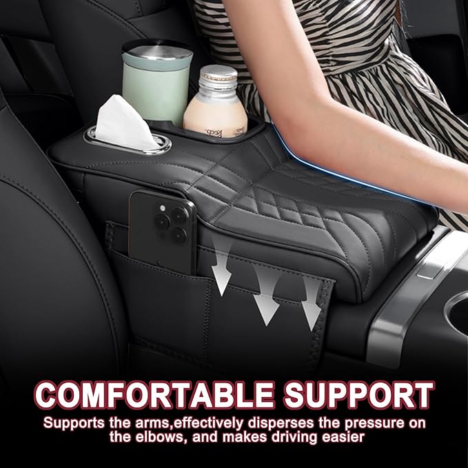 Car Armrest Storage Box for Cadillac XT4 2018–2025 2020 2021 2022 2023 2024, Sport-Style Center Console Organizer with Side Pocket, PU Leather Armrest Cushion, Elbow Support Pad,C Grey