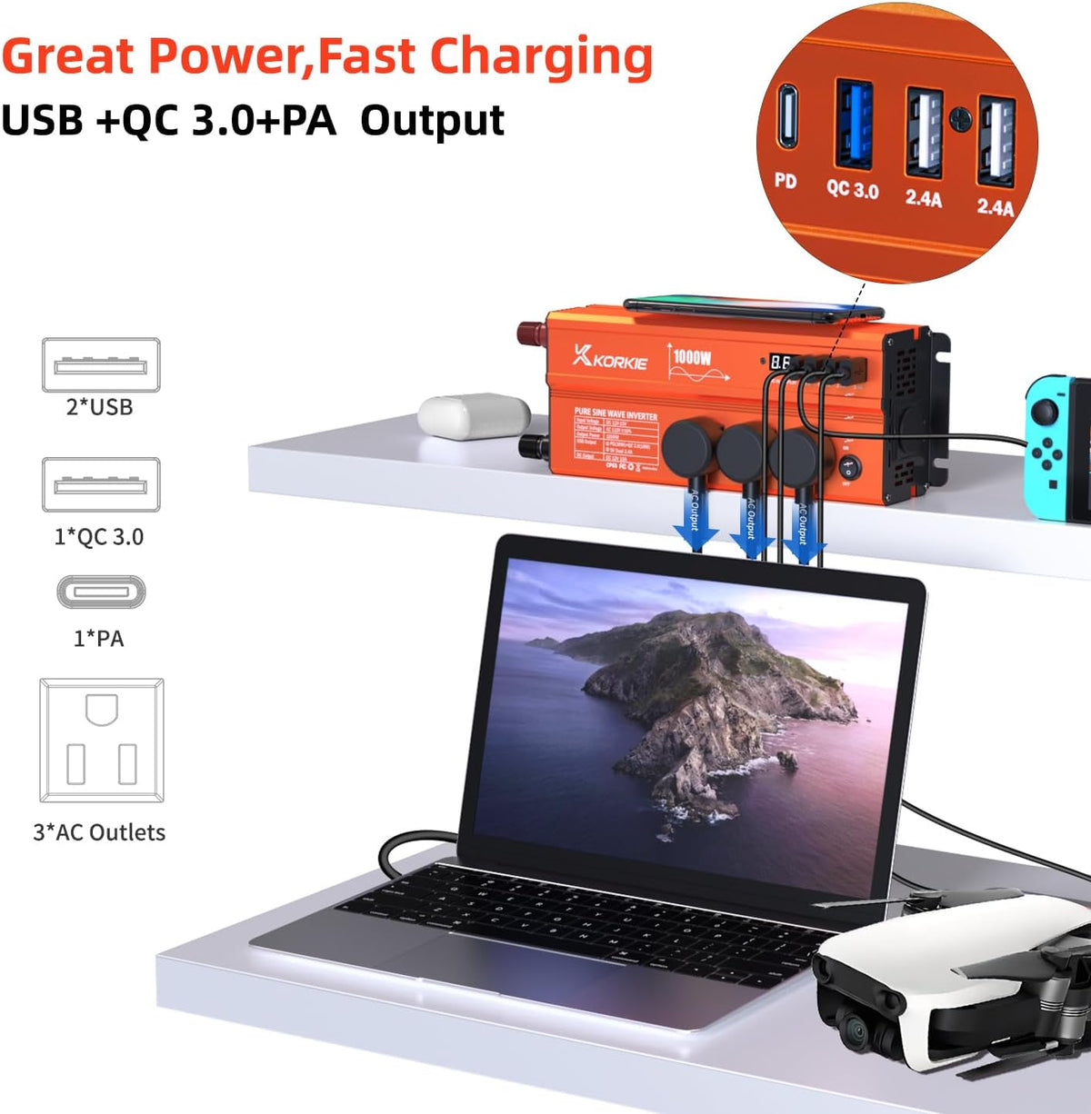 1000W Pure Sine Wave Inverter, Car Power Inverter, 12V DC to 110V AC Power Converter, Emergency Power Inverter with Type-C, Dual 5.2V/2.4A USB, 3AC Outlets for Home,Camping, RV, Truck, Vehicles