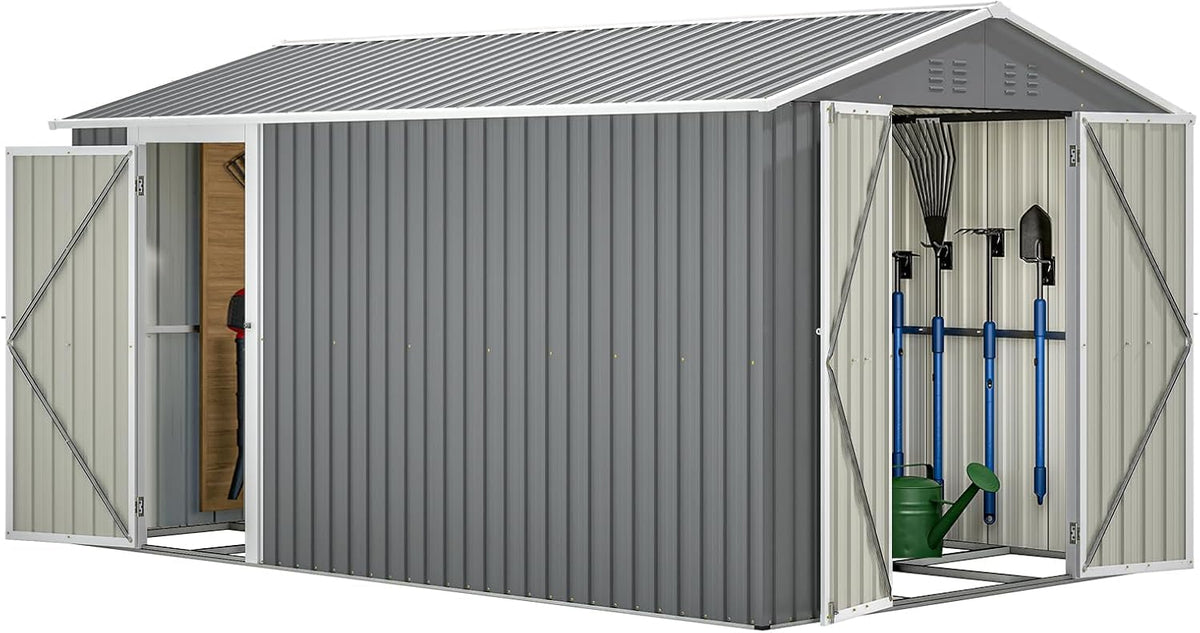 8×12 Ft Outdoor Storage Shed with Double Doors, Metal Shed with Frame Floor and Lockable Doors for Patio, Garden and Backyard