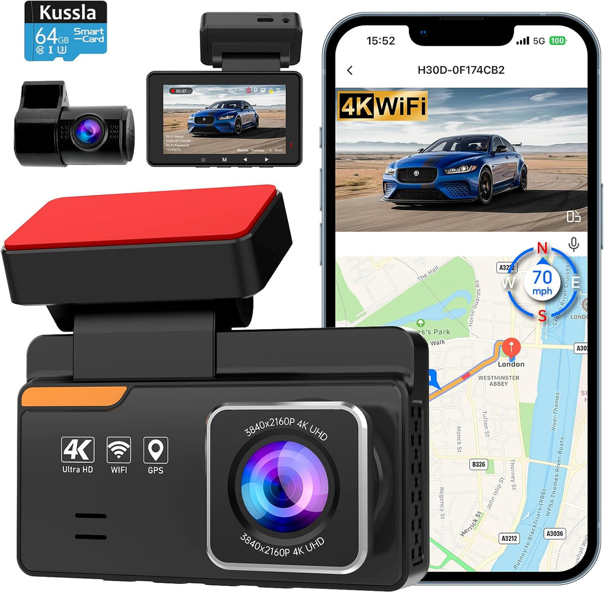 Dash Cam Front and Rear 4K+1080P, Dash Camera for Cars Built-in GPS WiFi, App Control, 64GB Card, 3 Inch IPS Screen Dual Dashcam Car Camera with ADAS, Night Vision, Loop Recording, G-Sensor