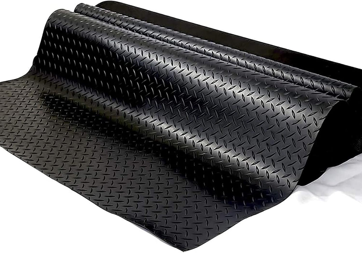 Boshen 7.5Ft x 17Ft Garage Floor Mat 2.5mm Thickened Rubber Flooring Roll 127.5sqft Diamond Plate PVC Rubber Trailer Mat Non-Slip Floor Protector Mat for Garage Warehouse Basement Trailer- Black