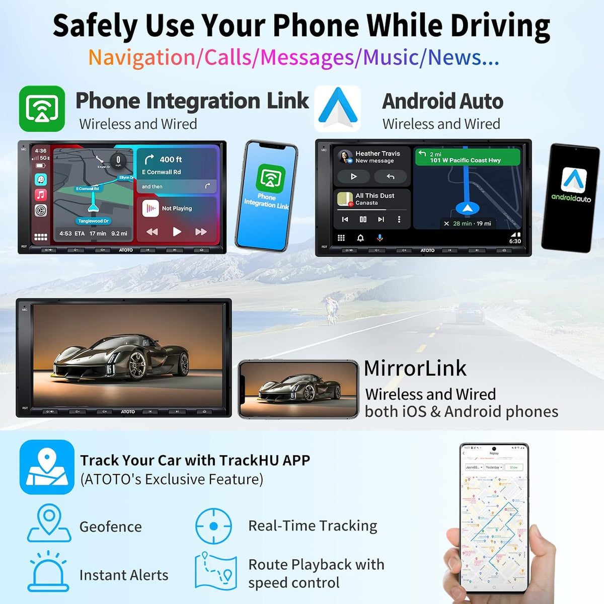 ATOTO A6PF Android Double-DIN Car Stereo, Wireless CarPlay, Wireless Android Auto, Mirrorlink, 7" Touchscreen in-Dash Navigation, GPS Tracker, WiFi/BT/USB Tethering, HD LRV, 2G+32G, A6G2A7PF