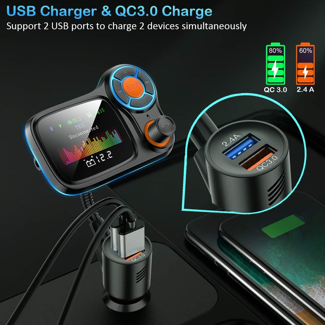 TSNAM Wireless Car Bluetooth Adapter,Radio FM Transmitters HandsFree Call Receiver and MP3 Music/APP Audio Play,QC3.0 and Smart 2.4A Dual USB Charger,1.8" Color Display,Aux Port,TF Card