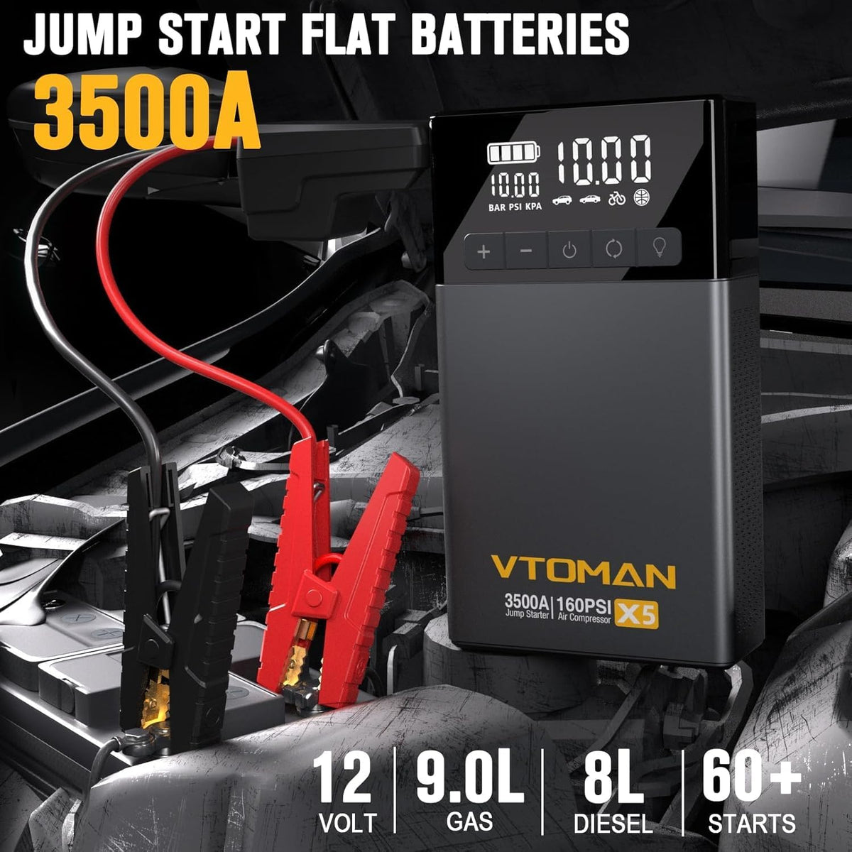 VTOMAN X5 Jump Starter with Air Compressor, 3500A Portable Car Battery Booster (Up to 9L Gas/8L Diesel Engines) with 160PSI Digital Tire Inflator, 12V Lithium Battery Jump box with Type-C Quick Charge