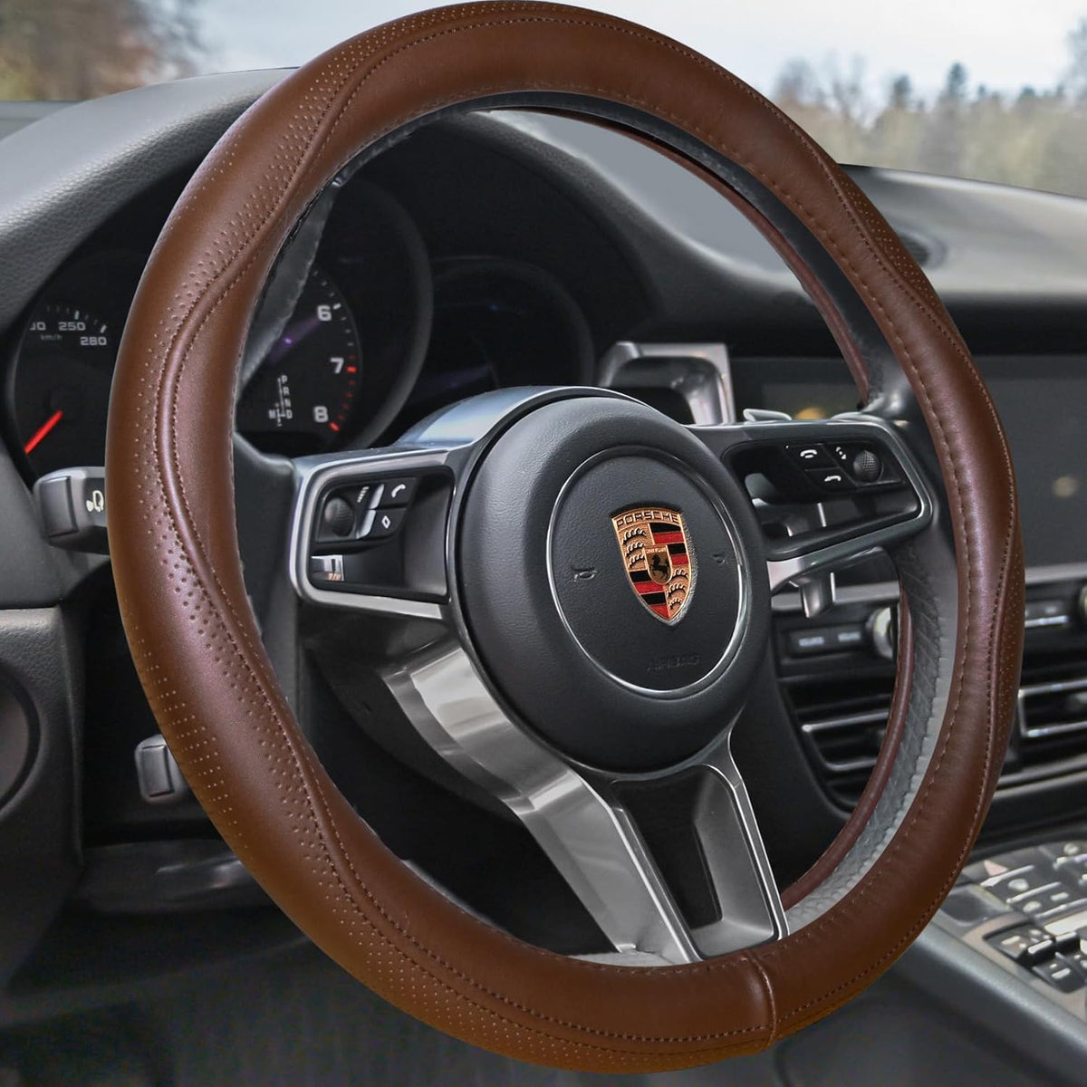 HAOKAY Top Grade Brown Genuine Leather Steering Wheel Cover Men Women, Luxury Steering Wheel Cover for Cars, SUVS and Trucks, Universal 14.5-15 inch