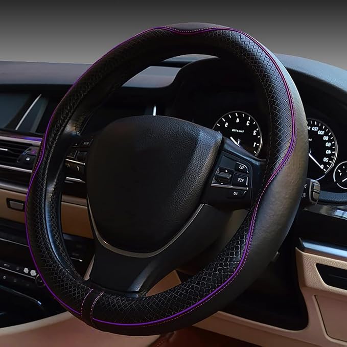 ESEWALAS Universal Car Steering Wheel Cover,Anti-Slip Leather Steering Wheel Cover,Sports Style Steering Wheel Protector,Car Interior Accessories Auto Steering Wheel Covers (Black with Purple)