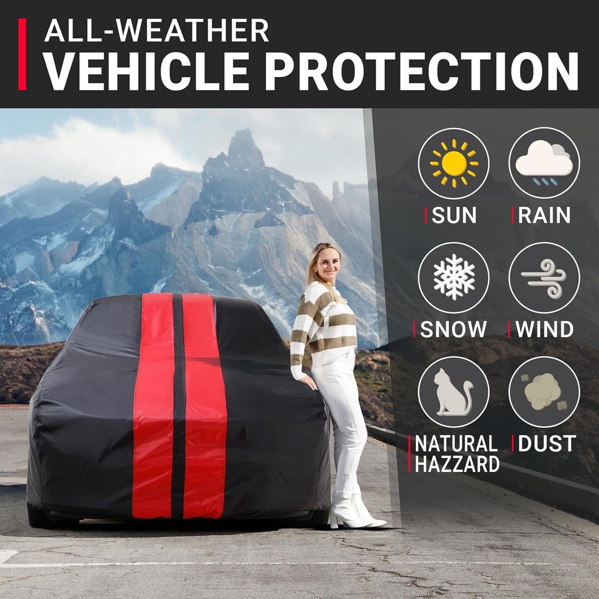iCarCover Custom Car Cover for Buick Skylark (1964-1972) Waterproof All-Weather Rain Snow UV Sun Protector Full Exterior Indoor Outdoor Car Cover (Stripe - Black/Red)