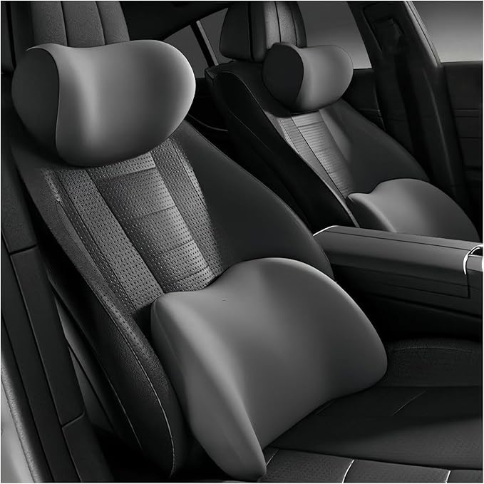 Car Lumbar Support Pillow and Car Neck Pillow Kit for Peugeot 806 1994-2000 2001 2002, Car Seat Neck Back Rest Pillows, Ergonomic Car Seat Headrest & Lumbar Cushion,B Grey