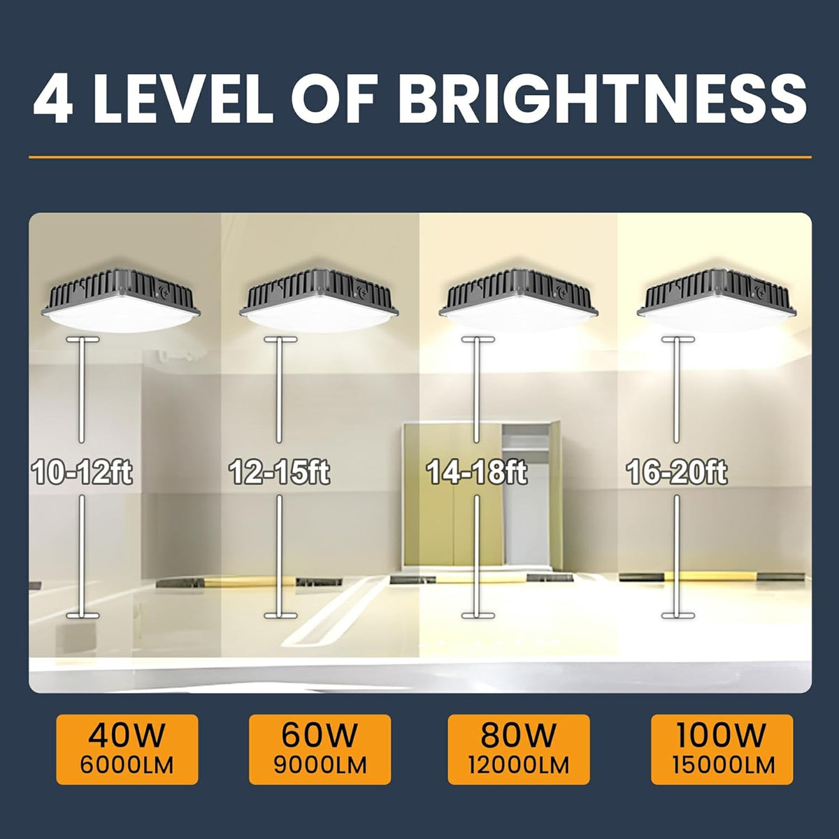 LED Canopy Light 100W, 40/60/80/100W Selectable, 5000K 15000Lumens Commercial Canopy LED Lights Outdoor, Gas Station Carport Light for Garage Shop Warehouse, IP65, DIM, 100-277VAC, ETL Listed