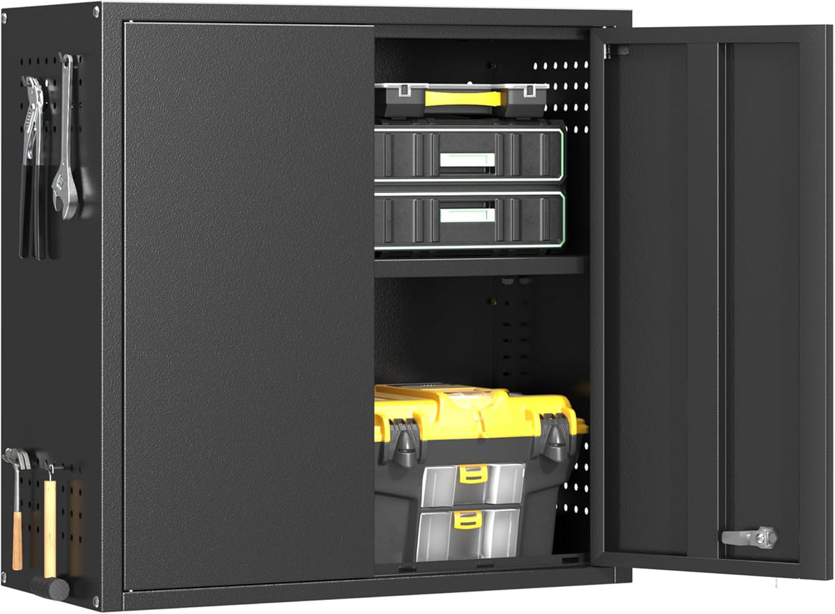 Metal Garage Wall Cabinet with 2 Doors and 1 Adjustable Shelf,Lockable Floating Tool Cabinet with Pegboard,Black Steel Storage Cabinet for Kitchen,Office,Garage,Laundry,Warehouse(Black, 26" H)