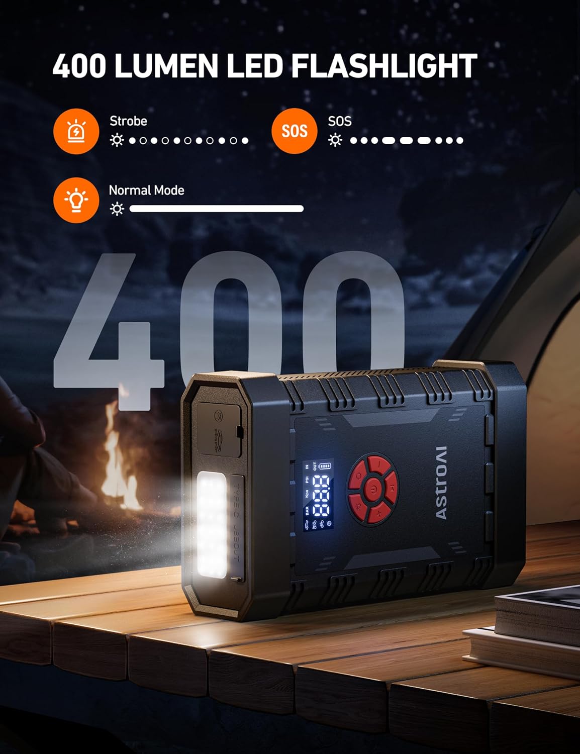 AstroAI A30 Jump Starter with Air Compressor, 4000A & 150PSI Portable Car Battery Jump Starter (10.0 Gas/8.0L Diesel) with Tire Inflator, 12V Battery Charger, 18W Quick Charge, Jumper Cables, Lights
