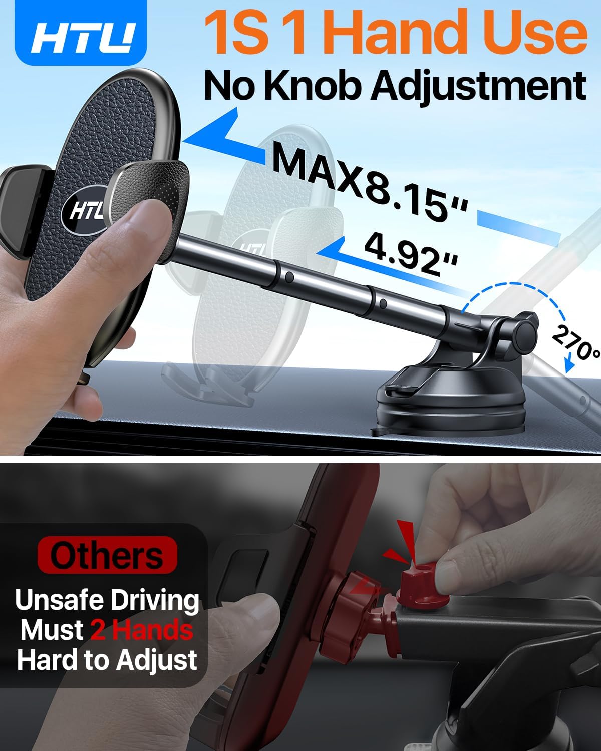 HTU 【Military-Grade Suction】 2025 Cell Phone Holder for Car【Flexible Telescopic Arm】 Car Phone Mount Stand for Dashboard Windshield for iPhone 16 Pro Max 15 14 13 12 Samsung Truck Jeep, Black