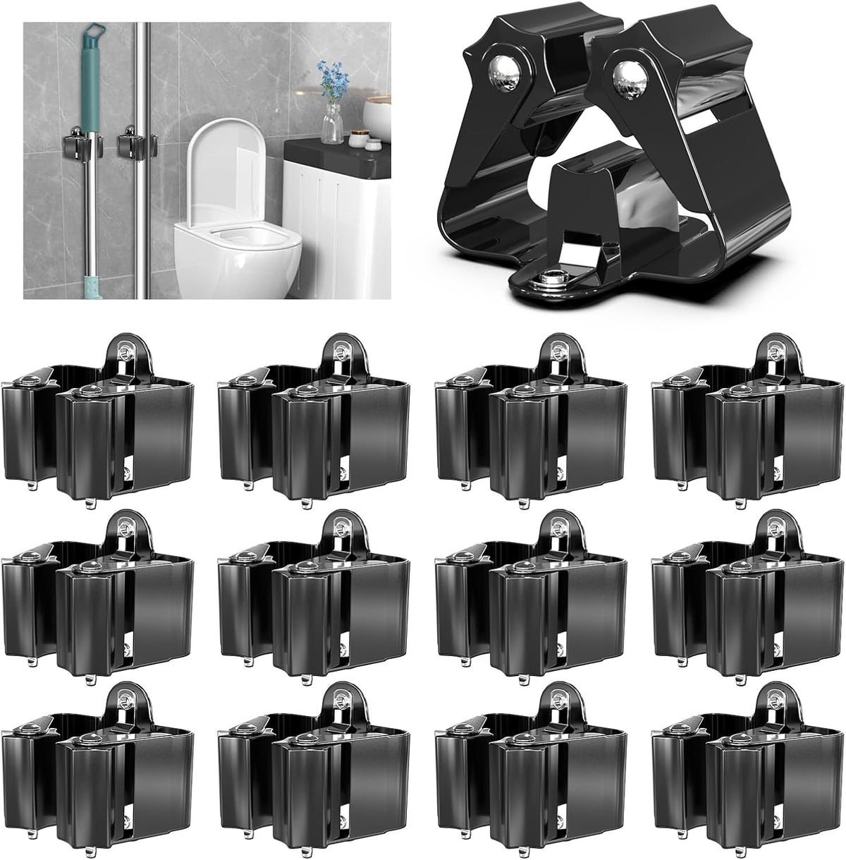 3-H Stainless Steel Broom Holder Wall Mount 12-Pack- Heavy Duty Mop Organizer, Wall Mounted Broom Storage with Secure Mounting for Kitchen Laundry Garage Bathroom (Space Saving)