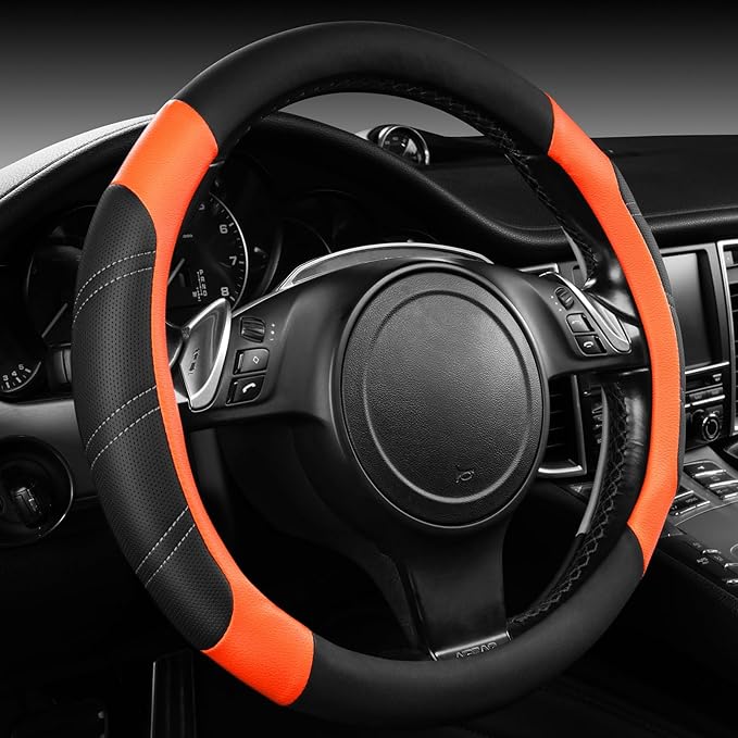 CAR PASS Leather Steering Wheel Cover and Waterproof Car Floor Mats,Microfiber Universal Car Combo Fit for 95% Sedan SUV Van Truck,14.5-15inch Sporty Anti-Slip Safety Comfortable Design, Black＆Orange